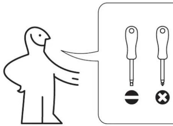 Diagram showing a person pointing to two screwdriver icons with symbols for negative and positive conditions.