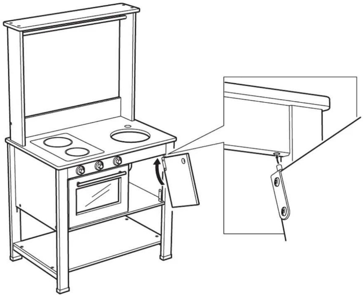 Line drawing of a kitchen appliance with open door, oven, and side panel (no text or symbols)