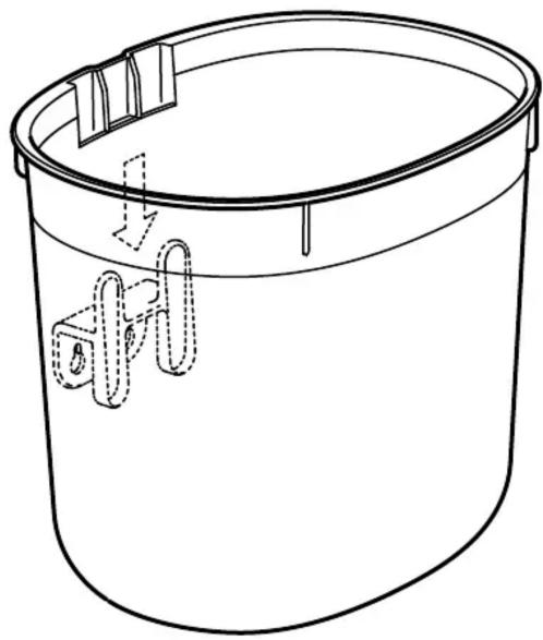 Line drawing of a cylindrical container with internal components and arrows indicating flow or movement (no text or symbols)