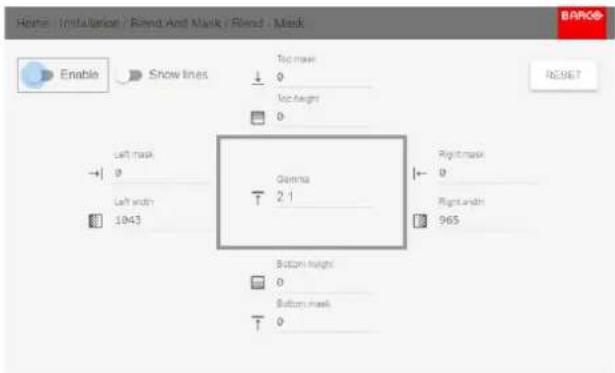 Route (Installation) / Blend And Mark / Blend - Mask Enable Show lines Top mask 0 Top height 0 Left mask 0 Left width 1043 Gamma 2:1 Right mask 0 Right width 965 Button height 0 Button mark 0 RESET