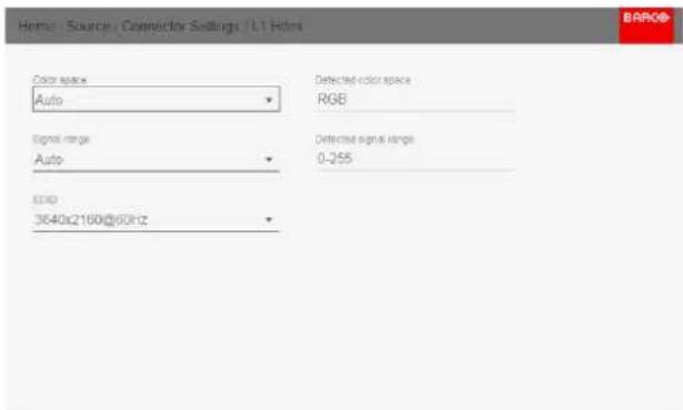 Home / Source / Contractor Settings / L1 HDR Color space Auto Detected color space RGB Signal range Auto Detected signal range 0-255 ECD 3640x2160@60Hz