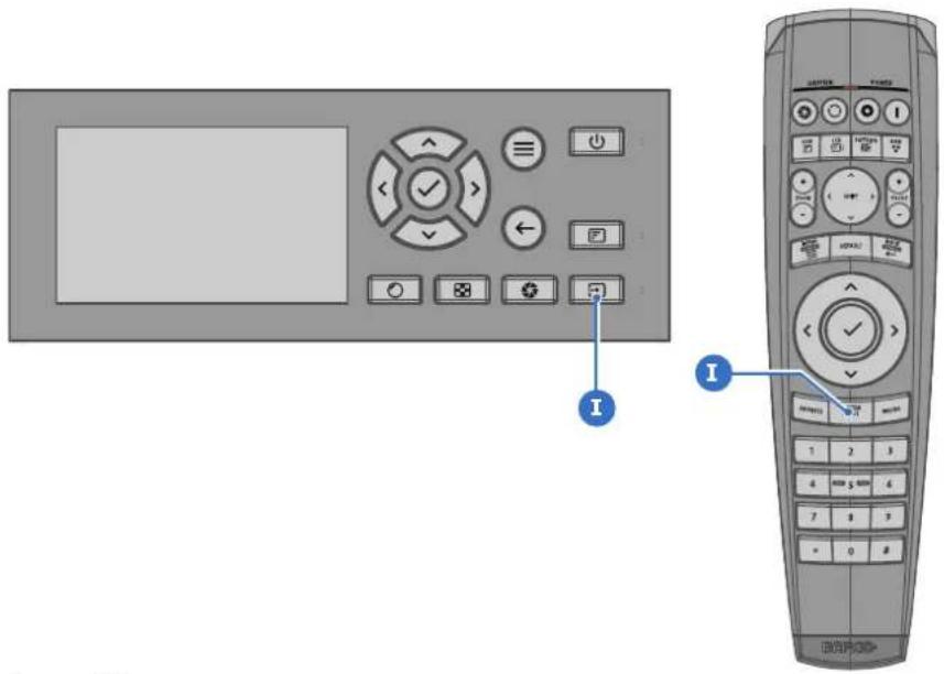 Diagram showing remote control panel with labeled buttons and navigation icons, alongside a separate remote device with numeric keypad.