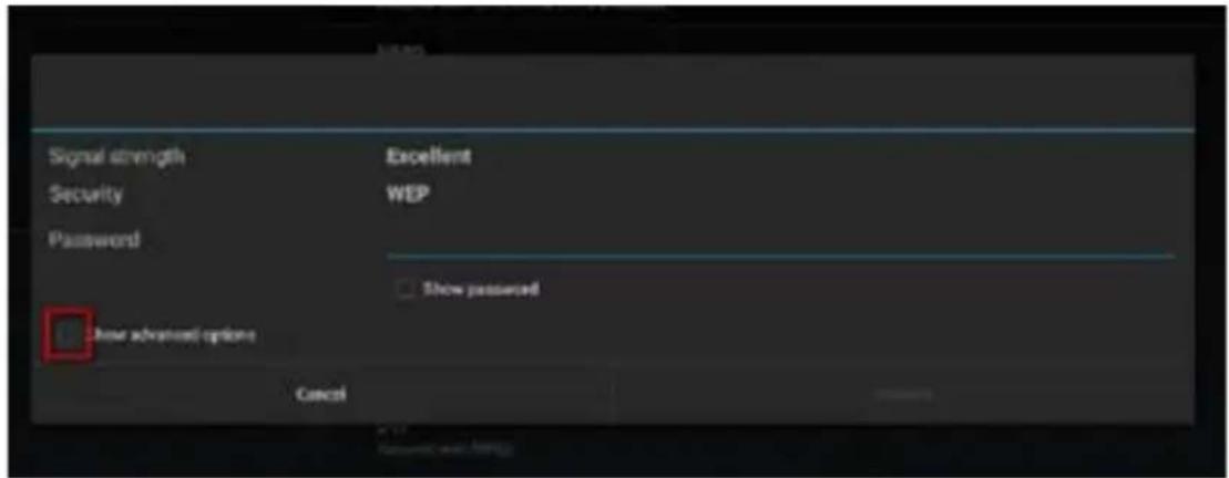 Signal strength Security Password Excellent WEP Show password Show advanced options Cancel