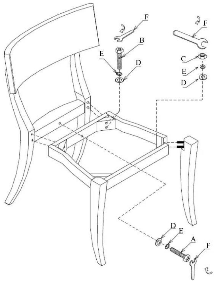 Technical diagram of a chair with labeled parts and exploded view, showing mechanical assembly and component details.