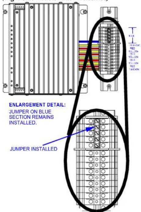 ENLARGEMENT DETAIL: JUMPER ON BLUE SECTION REMAINS INSTALLED. JUMPER INSTALLED
