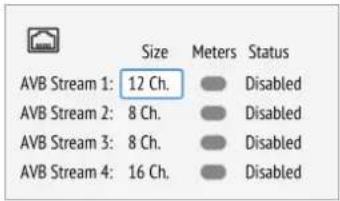 Size Meters Status AVB Stream 1: 12 Ch. Disabled AVB Stream 2: 8 Ch. Disabled AVB Stream 3: 8 Ch. Disabled AVB Stream 4: 16 Ch. Disabled