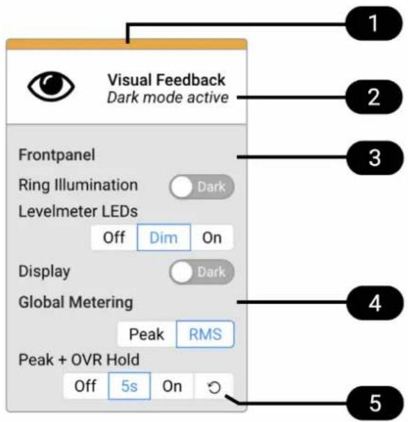 Visual Feedback Dark mode active Frontpanel Ring Illumination Dark Levelmeter LEDs Off Dim On Display Dark Global Metering Peak RMS Peak + OVR Hold Off 5s On