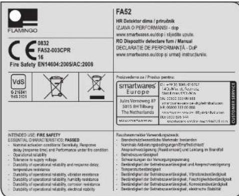 FLAMINGO 0832 FA52-003CPR 16 Fire Safety EN14604:2005/AC:2008 FA52 HR Defector dima / privublik IZUAVA O PERFORMANSI - dop www.smartwares.eudrop @ 1 padite sputte. RO Dispositiv detectore fum = Manual DECLARATE DE PERFORMANTA - Dop www.smartwares.eudrop @ urma) instructarle. Vds 215H 06:2151 Prozewinder es / Prazia peratu: smartwares' Europe Julis Vonniew 87 2015 81 Bulbung The Netherlands www.radware.com intended use FIRE SAFETY ESSENTIAL CHARACTERISTICS PASSED Nominal activation conditiona Sensitivity delay (response time) and Performance under fire condition Operational reliability Tolerance to supply voltage Dundability of operational reliability and response delay, temperature resistance Dundability of operational reliability, vibration resistance Dundability of operational reliability, humidity resistance Dundability of operational reliability, corrosion resistance Dundability of operational reliability, electrical resistance Rachtwarmeter Verwendungszack - Denderechnungsverändliche Nominalen bestanden Nominalen Advancementbedingungen(Empflichtigkeit) Ansprachwertigung (Rechtsorient) und Leitung in Brasilich - Betriebszuschreizulegt - Sicherung der Betriebszuschreizulegt - Bestandlung der Betriebszuschreizulegt und Ansprachwertigung - Temperaturbestandlung - Bestandlung der Betriebszuschreizulegt, Vorstochbestandlung - Bestandlung der Betriebszuschreizulegt, Fordergeschweizandlung - Bestandlung der Betriebszuschreizulegt, Konzinschweizandlung - Bestandlung der Betriebszuschreizulegt, elektrische Elektristals