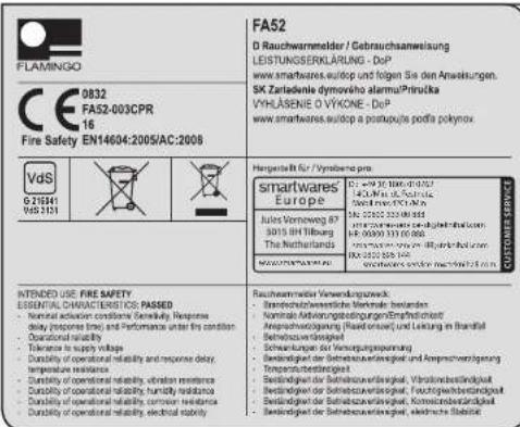 FLAMINGO 0832 FA52-003CPR 16 Fire Safety EN14604:2005/AC:2008 FA52 D Rauchtwarmelder / Gebrauchsanweisung LEISTUNGSERRÄLÄRİNG - DoP www.smartwares.eutop und folgen Sie den Anleistungen. SK Zariadenie dymového alarmi/Primuka VYHLÄSNEIE O VÝKONE - DoP www.smartwares.eutop a postupule podla polynov Vds G 21541 Vds 2151 Herpesakt für / Vysteres pro smartwares' Europe Jüles Vornowig 87 3015 8H Tilburg The Netherlands vortamerika intended use FIRE SAFETY ESSENTIAL CHARACTERISTICS PASSED Nominal activation conditions Sensitivity. Response delay (response time) and Performance under fire condition Operational rigidity Tolerance to supply voltage Durability of operational rigidity and response delay. Temperature resistance Durability of operational rigidity, vibration resistance Durability of operational rigidity, humidity resistance Durability of operational rigidity, corrosion resistance Durability of operational rigidity, electrical stability Rauchtwarmelder Verwendungszack: Tremovorszweinstliche Nominalk beizenden Nominalk Antivierungbedingungen/Ergebnislichkeit Ansprachwertigung (Raid sonstigt) und Leistung in Brasilal Betriebssteuerstätigkeit: Befestigerat der Betriebssteuerstätigkeit und Ansprachwertierung Terpensturbestätigkeit: Befestigerat der Betriebssteuerstätigkeit und Vorstandsbestätigkeit: Betfertigerat der Betriebssteuerstätigkeit und Aufschwerbsbestätigkeit: Betfertigerat der Betriebssteuerstätigkeit und Konsstreisbestätigkeit: Betfertigerat der Betriebssteuerstätigkeit, kredische Beteiligte