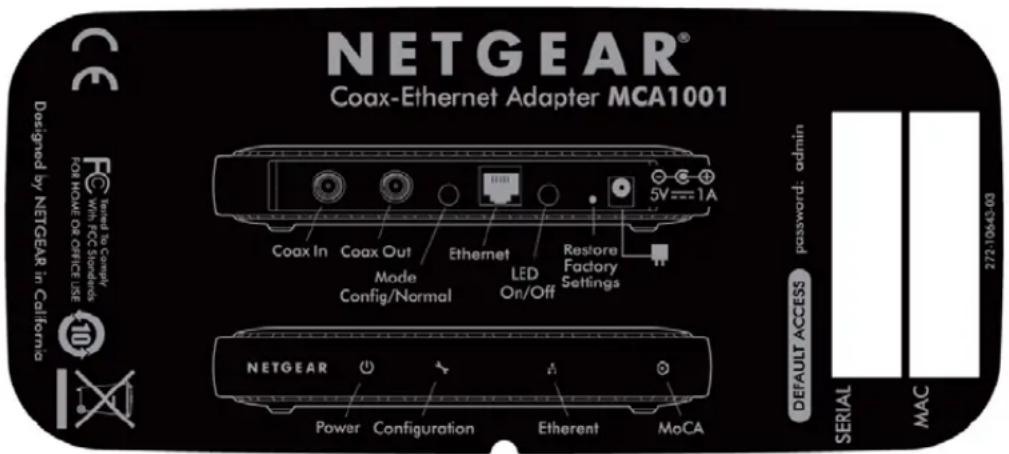 NETGEAR® Coax-Ethernet Adapter MCA1001 Designed by NETGEAR in California Tensed To Compl With FCC Standards FOR HOME OR OFFICE USE COAX In Coax Out Mode Config/Normal Ethernet LED On/Off Restore Factory Settings NETGEAR Power Configuration Etherent MoCA 5V=1A DEFAULT ACCESS password: admin SERIAL MAC