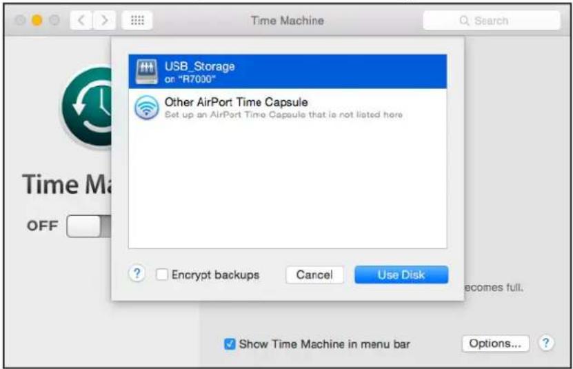 NETGEAR Time Machine - Click the Select Backup Disk button and select your USB device from the list. - 1