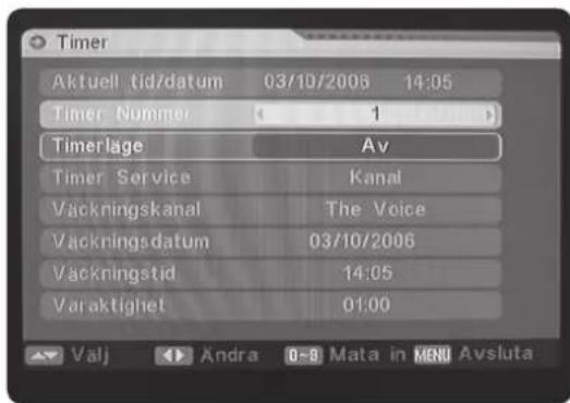 Timer Aktuell tid/datum 03/10/2006 14:05 Timer Nummer 1 Timerlage Av Timer Service Kanal Väckningskanal The Voice Väckningsdatum 03/10/2006 Väckningstid 14:05 Varaktighet 01:00 Valj Andra 0-8 Mata in MENU Avsluta