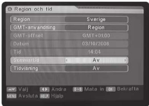 Region och tid Region Sverige GMT-användning Region GMT-offset GMT+01:00 Datum 03/10/2006 Tid 14:04 Sommartid Av Tidvisning Av Valj Andra 0~3 Mata in OK Bekrafta MENU Avsluta HELH Hjalp