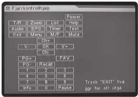 Fjarrkontrollhjalp Power T/R Zoom List Help Audio EPG Timer Text Exit Menu M/P Mute Ch+ V- OK V+ Ch- PG+ FAV PG- Recall 1 2 3 4 5 6 7 8 9 Info 0 Pause Tryck "EXIT" två ggr for att utgå