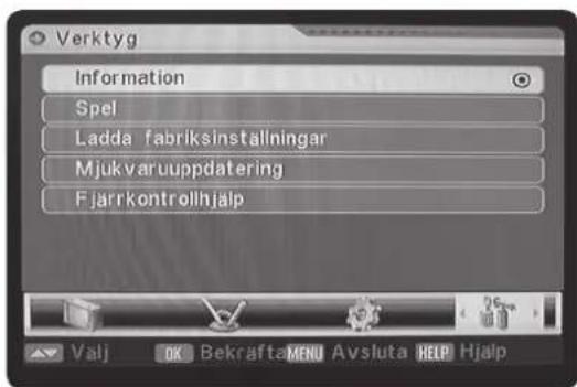 Verktyg Information Spel Ladda fabriksinstallningar Mjukvaruuppdatering Fjarrkontrollhjalp
