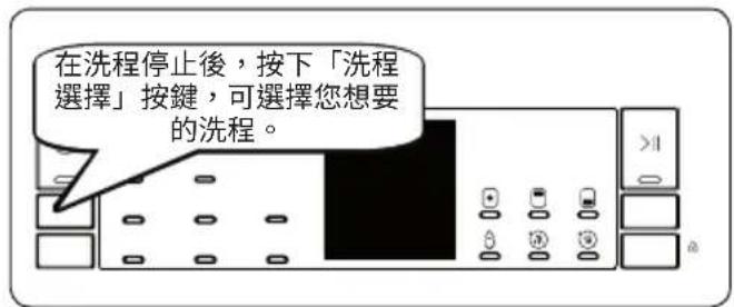 在洗程停止後，按下「洗程 選擇」按鍵，可選擇您想要 的洗程。