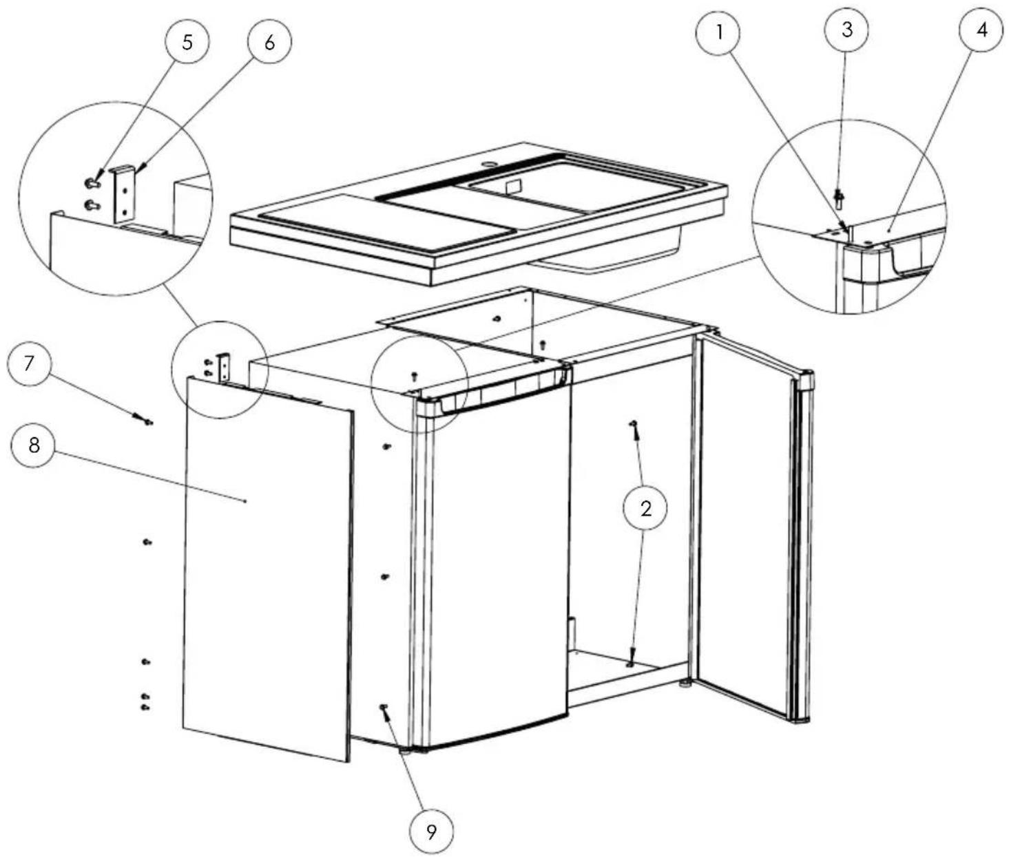 Technical diagram of a refrigerator interior with numbered components and exploded views