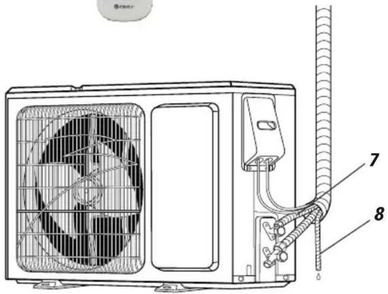 Technical diagram of an air conditioning unit with labeled components 7 and 8, showing fan blades and tubing connections.