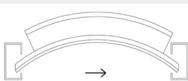 Pure geometric diagram of an arched structure with two side brackets and a directional arrow (no text or symbols)