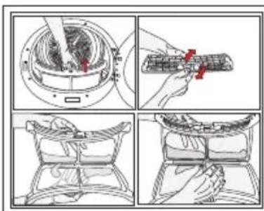 Technical diagram showing four steps of a mechanical assembly or cleaning procedure, with labeled components and directional arrows.