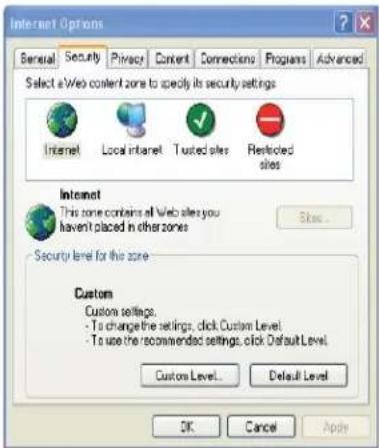 Internet Options Sensal Security Privacy Content Connections Programs Advanced Select a Web content zone to specify its security settings Internet Local Internet Trusted sites Restricted sites Internet This zone contains all Web sites you haven't placed in other zones Security level for this zone Custom Custom settings. - To change the settings, click Custom Level. - To use the recommended settings, click Default Level. Custom Level. Default Level OK Cancel Apply