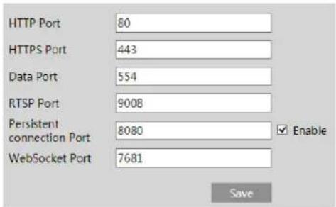HTTP Port 80 HTTPS Port 443 Data Port 554 RTSP Port 9008 Persistent connection Port 8080 ☑ Enable WebSocket Port 7681 Save