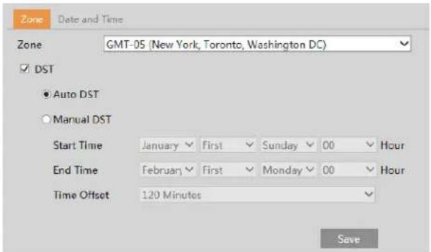 Zone Date and Time Zone GMT-05 (New York, Toronto, Washington DC) ✓ DST ● Auto DST ○ Manual DST Start Time January First Sunday 00 Hour End Time February First Monday 00 Hour Time Offset 120 Minutes Save