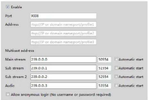 Enable Port 9008 Address rtsp//IP or domain name:port/profile1 rtsp//IP or domain name:port/profile2 rtsp//IP or domain name:port/profile3 Multicast address Main stream 239.0.0.0 50554 □ Automatic start Sub stream 239.0.0.1 51554 □ Automatic start Sub stream 2 239.0.0.2 52554 □ Automatic start Audio 239.0.0.3 53554 □ Automatic start □ Allow anonymous login (No username or password required)