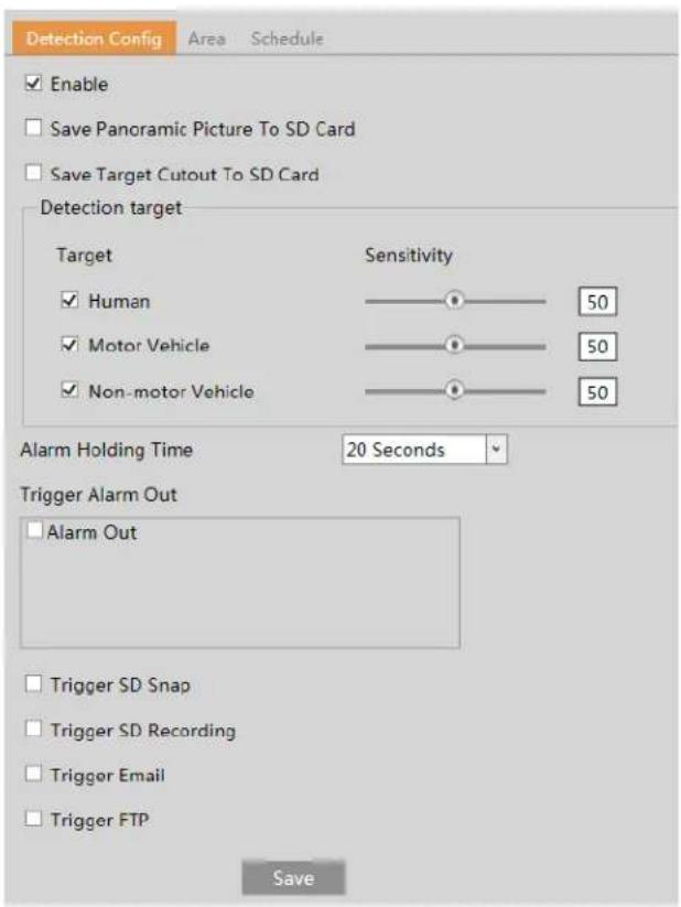 Detection Config Area Schedule Enable Save Panoramic Picture To SD Card Save Target Cutout To SD Card Detection target Target Sensitivity Human 50 Motor Vehicle 50 Non-motor Vehicle 50 Alarm Holding Time 20 Seconds Trigger Alarm Out Alarm Out Trigger SD Snap Trigger SD Recording Trigger Email Trigger FTP Save