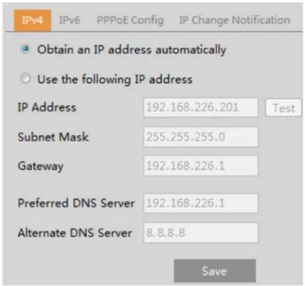 IPv4 IPv6 PPPoE Config IP Change Notification Obtain an IP address automatically Use the following IP address IP Address 192.168.226.201 Test Subnet Mask 255.255.255.0 Gateway 192.168.226.1 Preferred DNS Server 192.168.226.1 Alternate DNS Server 8.8.8.8 Save