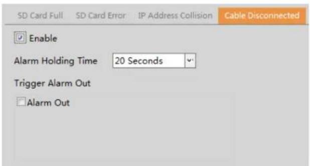 SD Card Full SD Card Error IP Address Collision Cable Disconnected Enable Alarm Holding Time 20 Seconds Trigger Alarm Out Alarm Out