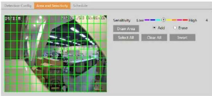 Detection Config Area and Sensitivity Schedule 01F01M 20230.028 00:40:25 Sensitivity Low High 4 Draw Area Add Erase Select All Clear All Invert