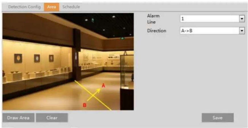 Detection Config Area Schedule Alarm 1 Line Direction A->B Draw Area Clear Save
