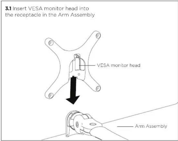 3.1 Insert VESA monitor head into the receptacle in the Arm Assembly VESA monitor head Arm Assembly