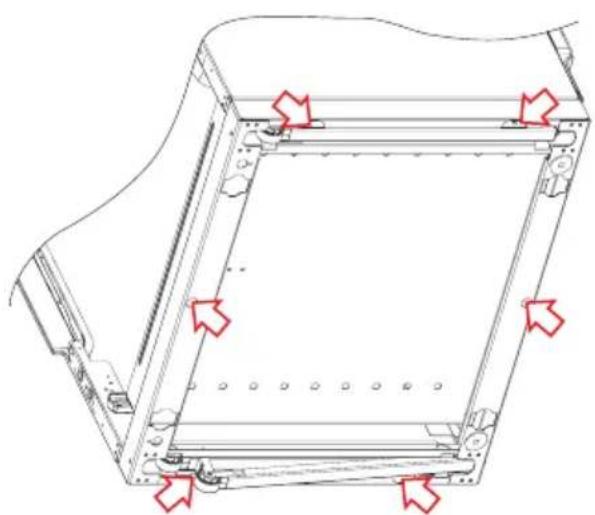Technical line drawing of a rectangular frame with mounting holes and red directional arrows indicating features (no text or symbols)