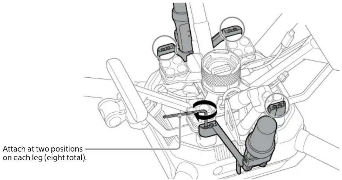 Attach at two positions on each leg (eight total).