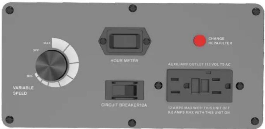 MAX OFF MIN VARIABLE SPEED HOUR METER CHANGE HEPA FILTER CIRCUIT BREAKER12A AUXILIARY OUTLET 111 VOL TB AC 13 AMPS MAX WITH THIS UNIT OFF 9.0 AMPS MAX WITH THIS UNIT ON
