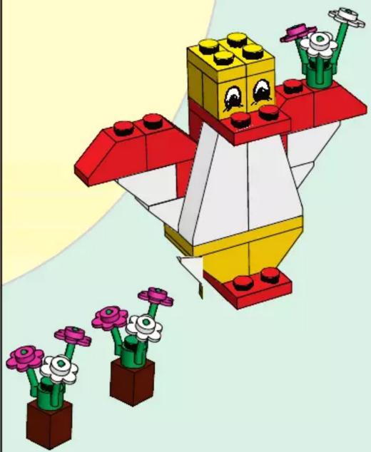 3D illustration of a colorful LEGO robot with red, yellow, and white faces, surrounded by small flowers (no text or symbols)