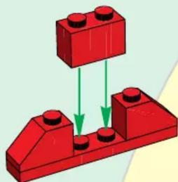 3D diagram of a red LEGO structure with two blocks and directional arrows indicating movement (no text or symbols)