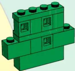 3D green LEGO structure with multiple corner holes and a rectangular base (no text or symbols)