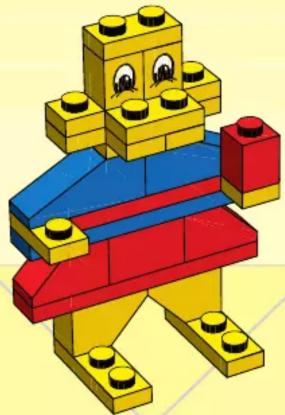 3D model of a stylized yellow and red LEGO robot with blue and red legs (no text or symbols)