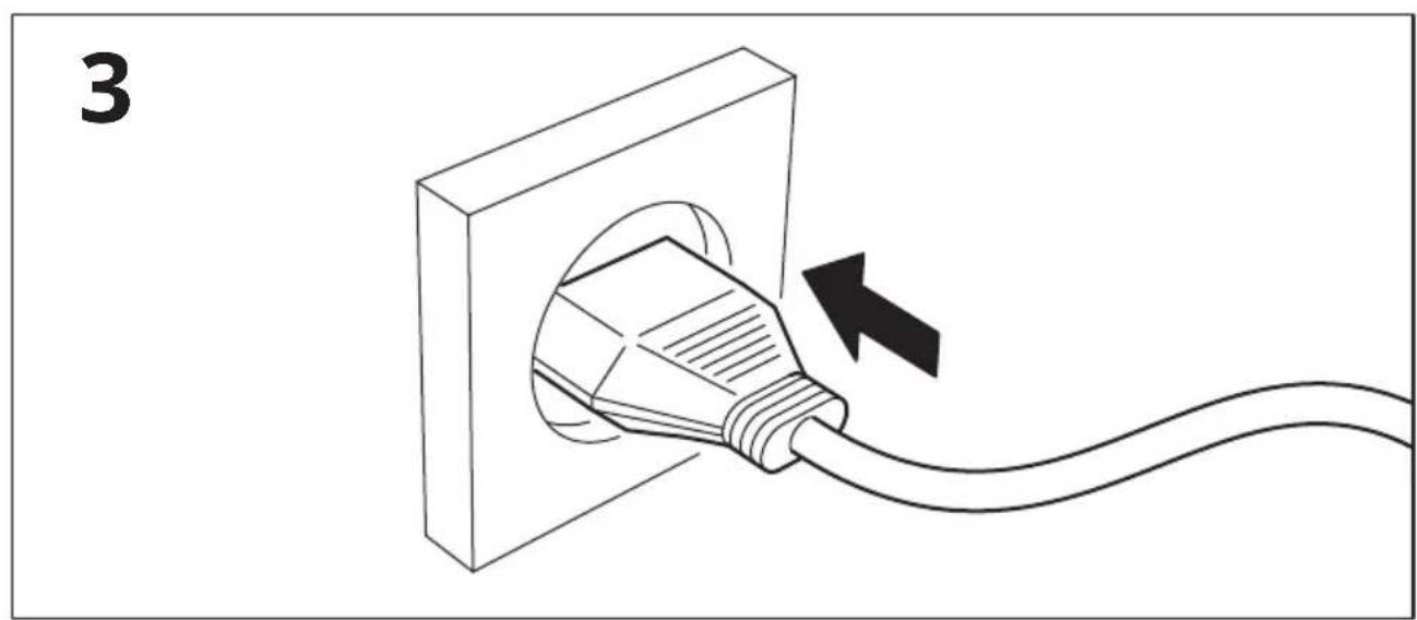 Line drawing of a plug inserted into a socket, with a black arrow indicating the cable's direction (no text or symbols)