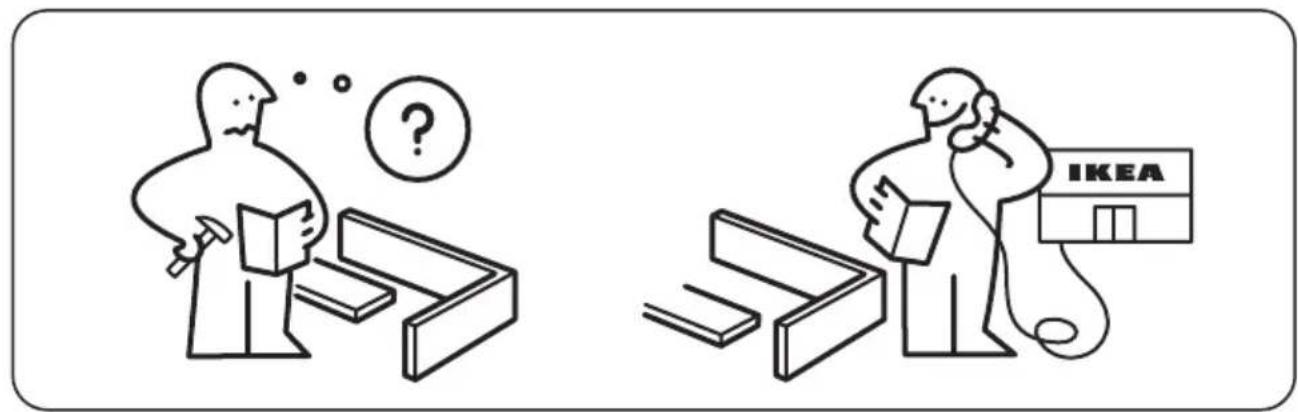 Illustration showing two scenes: one with a person examining documents and a question mark, the other with a person holding a tablet and a IKEA store.