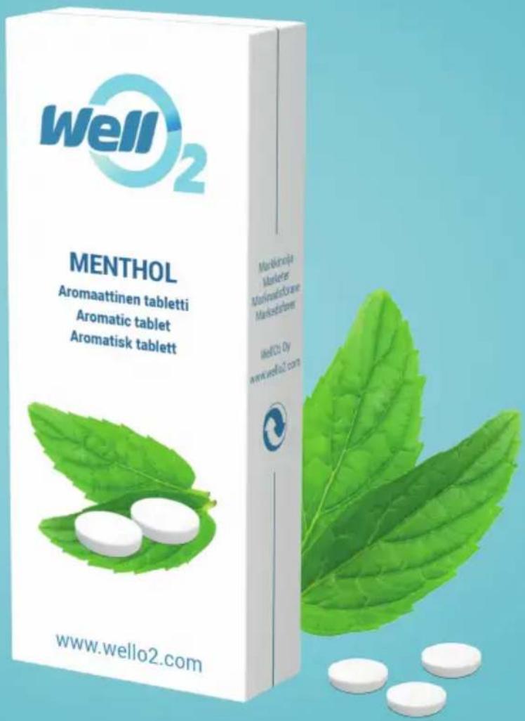 Well2 MENTHOL Aromaattinen tabletti Aromatic tablet Aromatisk tablett www.wello2.com Marktouja Marketer Mafinadibraner Markadibraner Well2: Oly www.wello2.com