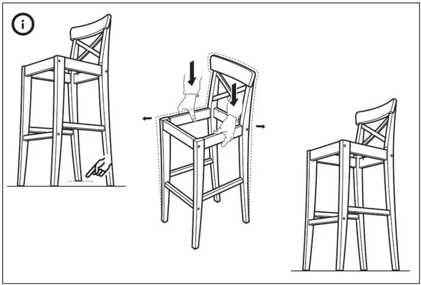 Diagram illustrating three-step folding of a chair using a wooden frame, showing structural change and movement direction.