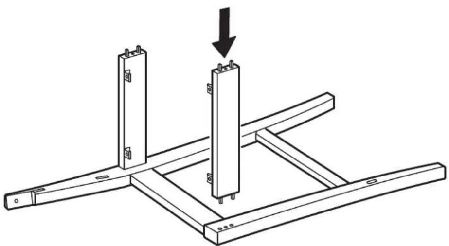 Technical line drawing of a mechanical assembly with two vertical supports and a downward arrow indicating a process (no text or symbols present)
