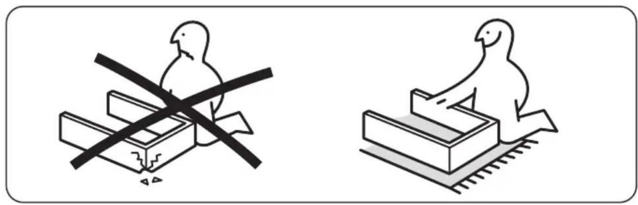 Two illustrations of birds on different platforms, one with a cross and the other with a bird-like shape (no text or symbols)