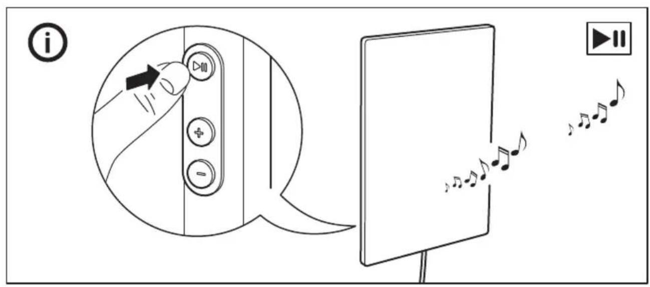 Diagram illustrating audio playback mode with a speech bubble, directional arrow, and musical notes on a screen