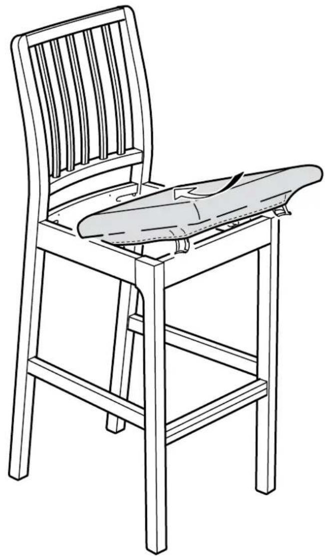 Line drawing of a wooden chair with a seatbelt, no text or symbols present