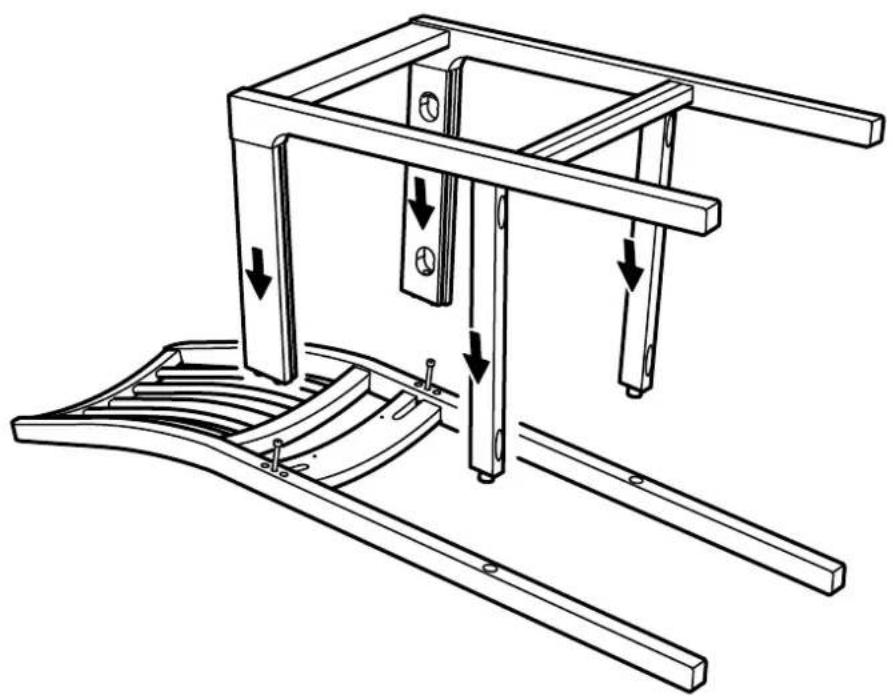 Technical line drawing of a mechanical assembly with wooden frames and structural supports (no text or symbols)